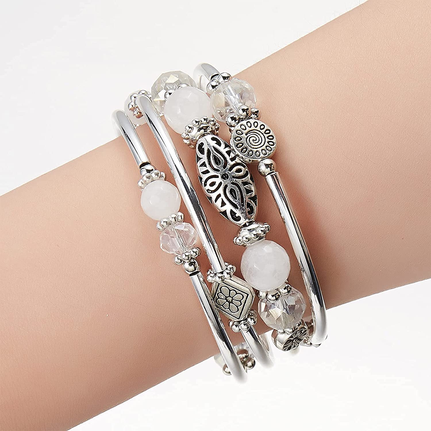 FULU AUTUMN Stackable Beaded Bracelets for Women Boho Wrap Silver Bracelet Layered Fashion Jewelry Gifts for Her - Image 4